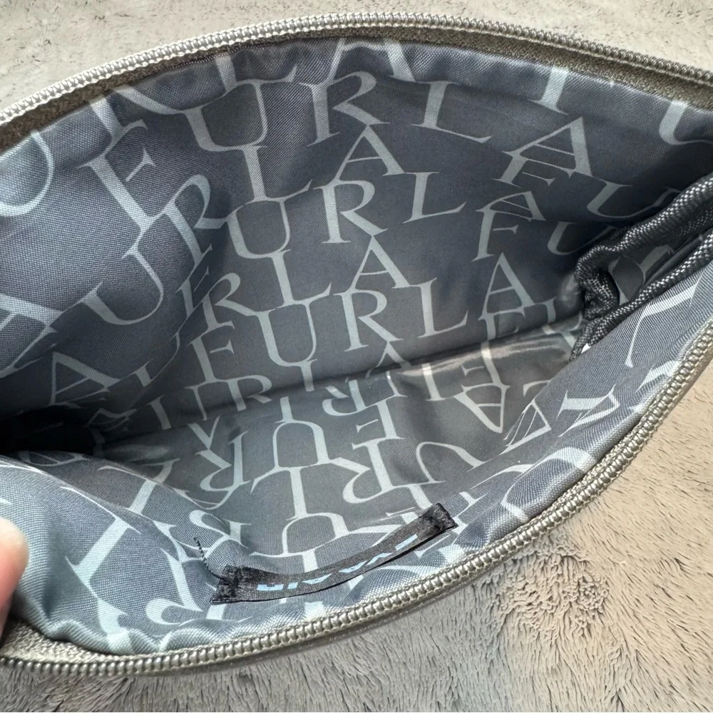 FURLA Eva Air Cosmetic Bag Zippered Gray and Yellow Faux Leather Bag EUC